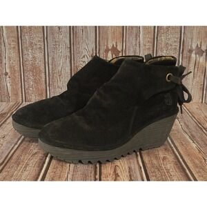 Sz 39/ 8-8.5 Fly London Yebi Black Suede Rear Tie Ankle Wedge Boots Booties VGUC